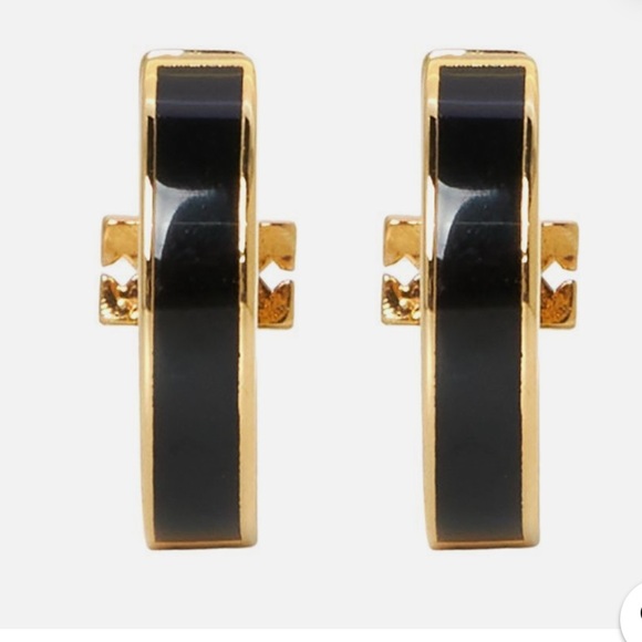 NWT Tory Burch Black Miller T Hoop Earrings - Picture 3 of 9